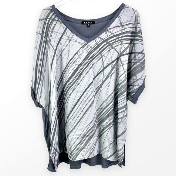 REBEL Gray White Abstract Cold Shoulder V-Neck Blouse - Picture 1 of 10